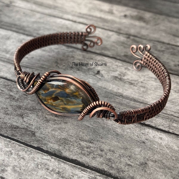 Pietersite wire wrapped cuff bracelet. Copper. Calming. Cleansing. Intuition. Personal will. Handcrafted artisan jewelry. Gift idea.