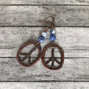 Sodalite and copper earrings. Pierced earrings. Peace sign. Emotional balance. Calming. Self esteem. Gift idea. image 5