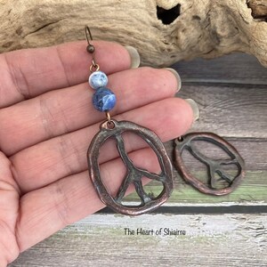 Sodalite and copper earrings. Pierced earrings. Peace sign. Emotional balance. Calming. Self esteem. Gift idea. image 2