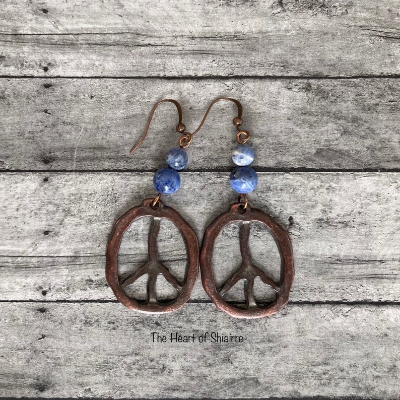 Sodalite and copper earrings. Pierced earrings. Peace sign. Emotional balance. Calming. Self esteem. Gift idea. image 1