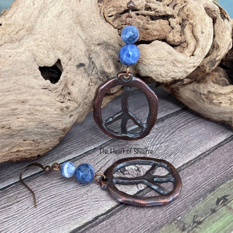 Sodalite and copper earrings. Pierced earrings. Peace sign. Emotional balance. Calming. Self esteem. Gift idea. image 4