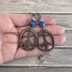 Sodalite and copper earrings. Pierced earrings. Peace sign. Emotional balance. Calming. Self esteem. Gift idea. image 3