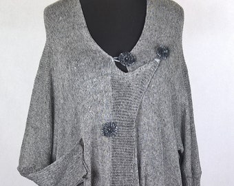 Gray linen knitted cardigan with decorative handmade buttons. Linen cardigan. Knitted cardigan.