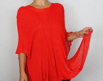 Red two-piece set with tunic, Tunic and poncho, Poncho and tunic in red, Red viscose knitted set