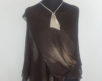 Knitted poncho in chocolate color, Knitted linen poncho, Women's brown poncho, Brown poncho, Linen poncho. Linen