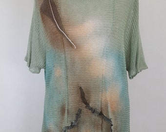 Hand-painted linen tunic with stitching, Oversize linen, Vegan tunic. Linen dress