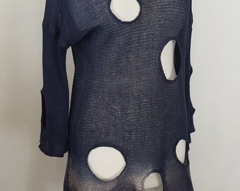 Linen sweater with holes, Navy blue sweater with 3/4 sleeves. Avant-garde sweater with holes. Linen, Hand-painted sweater,