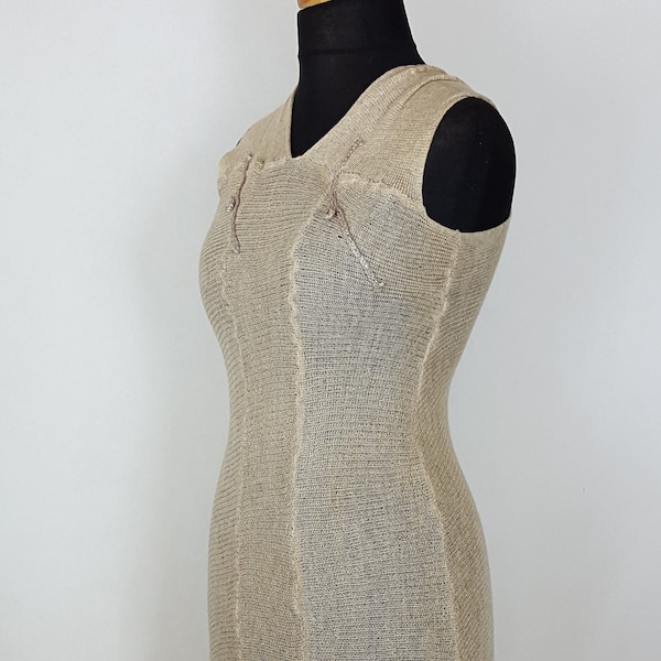 Knitted linen dress, Summer dress. Dress with an asymmetrical bottom, Women's linen mini dress in a natural color