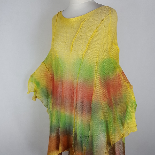 Hand-painted linen poncho, knitted linen poncho. linen cape. Painted cape.