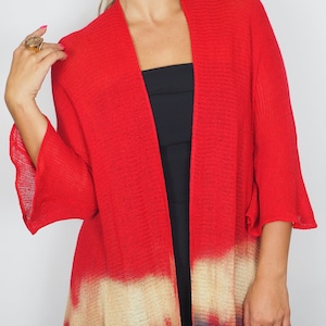 Long cardigan without fastening, Hand-painted linen cardigan, Linen knitted cardigan, Red linen cardigan