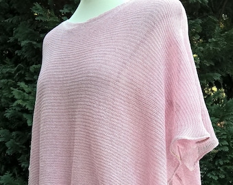 Powder pink two-piece set, Linen set, Linen poncho and tunic, Pink tunic and poncho, Knitted poncho and tunic