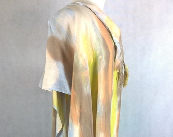 Linen beach dress, Off-the-shoulder dress, Hand-painted linen toga. Artistic dress made of linen fabric
