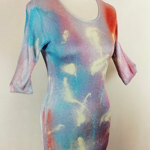 Midi dress with elbow-length sleeves, Knitted dress. Viscose silk dress, Hand-painted dress. Women&#39;s dress