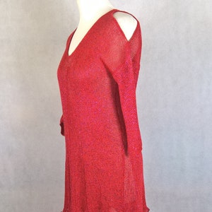 Red dress with sleeves, Mini dress made of viscose silk with Lurex, Fancy knitted dress. Shiny dress, metallic