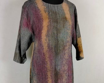 Linen mini dress, painted in gray and copper.