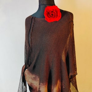 Chocolate hand-painted poncho, Chocolate brown poncho, Painted linen poncho, Linen knit poncho, Unique linen poncho