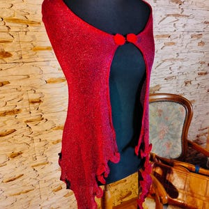 Shawl with fastening, Raspberry shawl with trim and button fastening. Bolero, Viscose silk wrap.