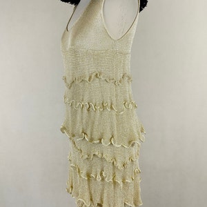 A unique dress made of viscose silk and gold metalized thread. A golden dress with ruffles. Knitted dress. Midi dress image 3