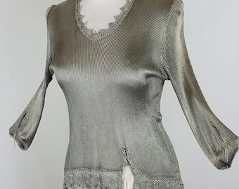 Blouse in steel color with lace. Gray and steel blouse made of viscose silk. Blouse with 3/4 sleeves