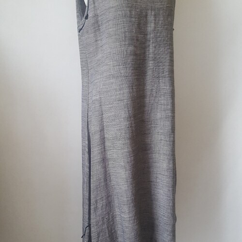 Linen Long Dress, Maxi Dress, Sleeveless Maxi Dress. Linen dress trimmed with black trimming. Gray linen dress. shops Linen dresses