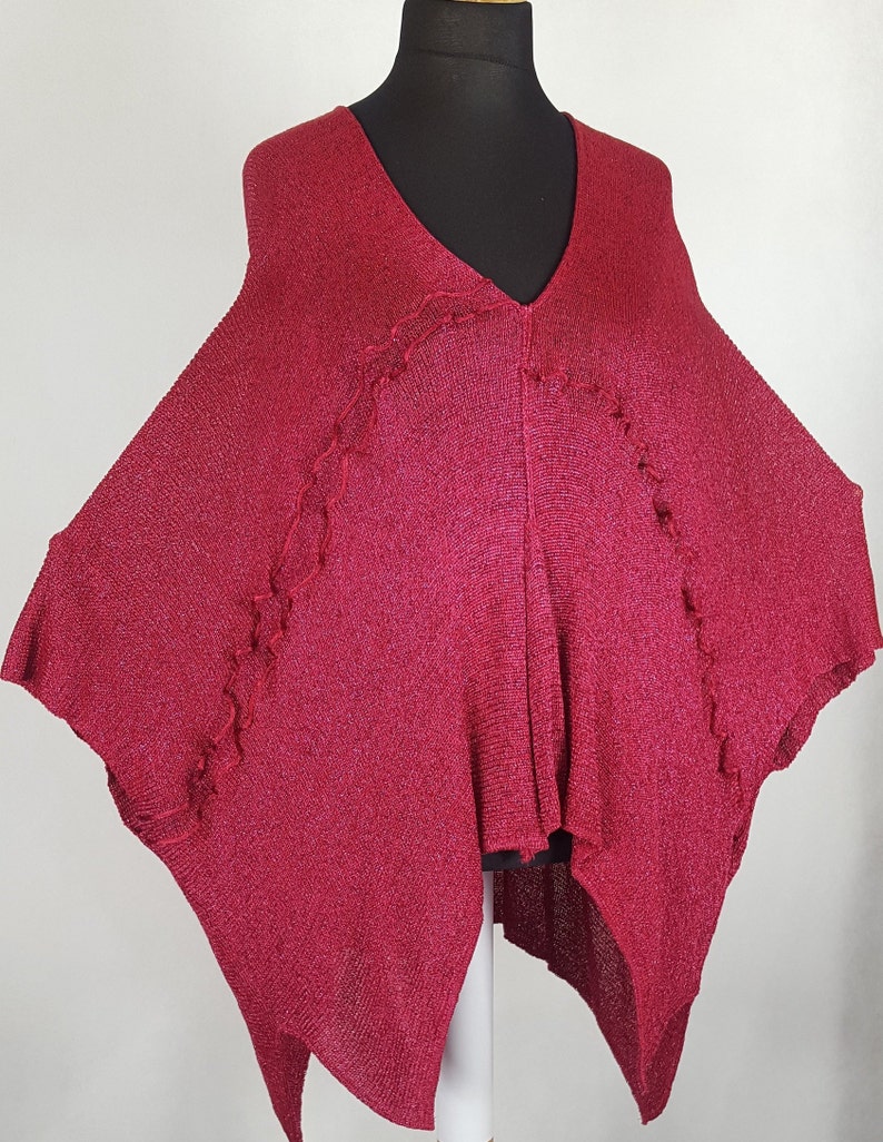 Large voluminous formal caftan, shiny V-neck in viscose silk and cherry-colored metallic thread, XXXL waistcoat image 8