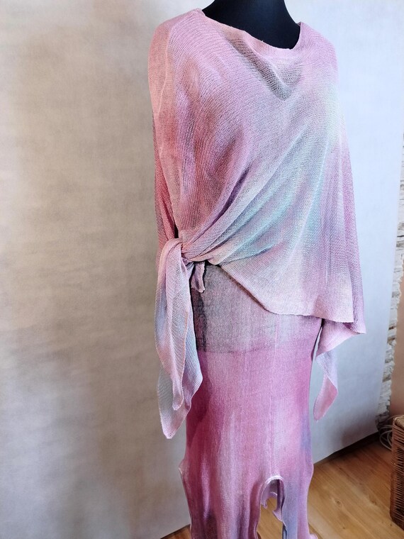 Two-Piece Linen Set. Dress and Poncho. Long Dress with Poncho. Maxi Dress. Washed Linen. Patina Blue. Sustainable Art Fashion