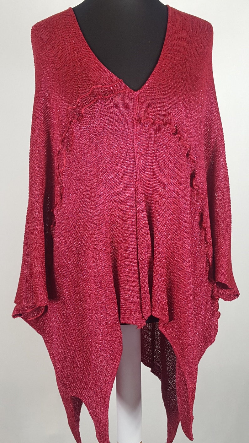 Large voluminous formal caftan, shiny V-neck in viscose silk and cherry-colored metallic thread, XXXL waistcoat image 1