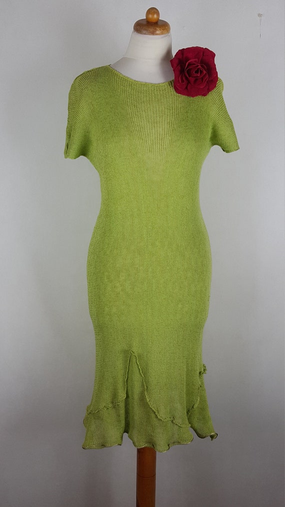 Light green linen dress. Knitted dress, Women's linen knit dress. Women's pea dress