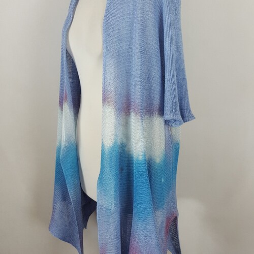 Cardigan-biżniak, Two-piece set. Knitted linen vest. Cardigan with knitted tunic. shops Blue linen set. Eco clothing