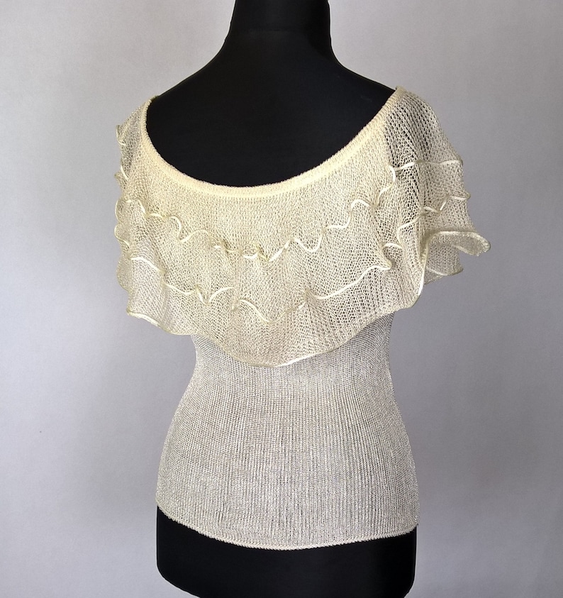 Ekri Blouse with valance and application knitted blouse attractive ladies blouse in Ekri color blouse with neckline and ruffles