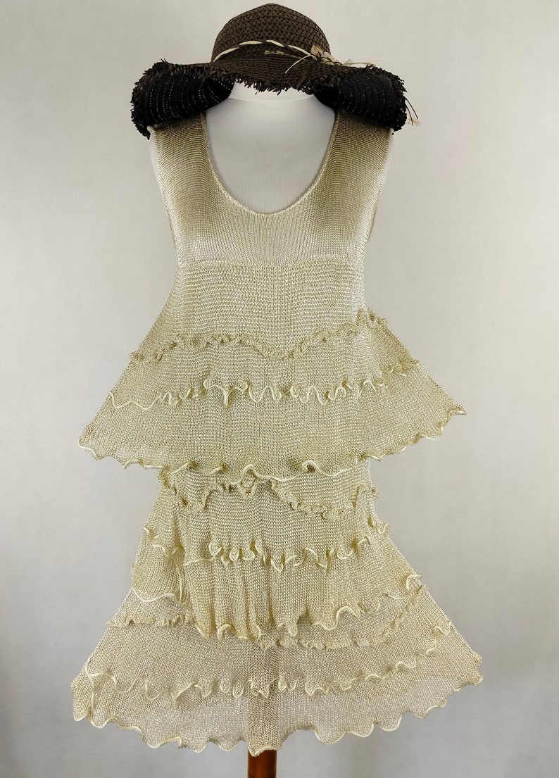 A unique dress made of viscose silk and gold metalized thread. A golden dress with ruffles. Knitted dress. Midi dress image 5