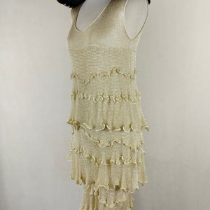 A unique dress made of viscose silk and gold metalized thread. A golden dress with ruffles. Knitted dress. Midi dress image 2