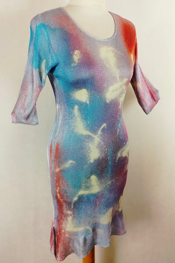 Midi dress with elbow-length sleeves, Knitted dress, Viscose silk dress, Hand-painted dress, Women's dress