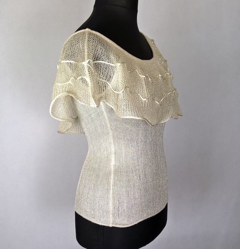 Ekri Blouse with valance and application knitted blouse attractive ladies blouse in Ekri color blouse with neckline and ruffles