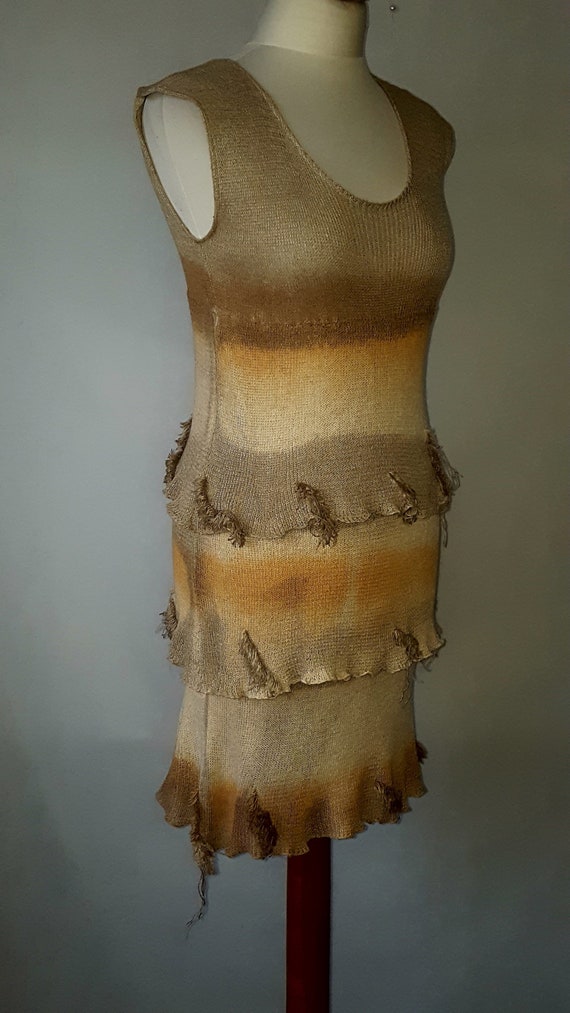 Hand-painted Linen knit mini dress with ruffles. Linen dress. Linen knit dress. Eco-friendly dress.