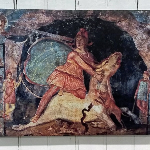 Mithraism - The Tauroctony Scene - Mithras and the Bull -  Fresco from an ancient Mithreum Temple - 12x18" Canvas Wall Art