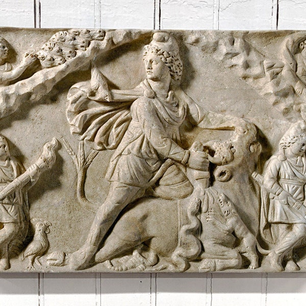 The Mithraism Tauroctony Scene - Mithras and the Bull  image from a 3rd Century AD  Mithraeum Temple - 12x18" Canvas Wall Art