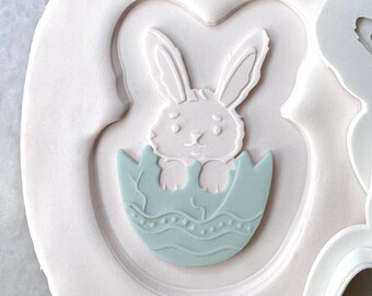 Easter Bunny Cookie Cutter & Fondant Stamp • Rabbit in Egg Embosser for Sugar Cookies
