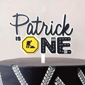 Construction 1st Birthday Cake Topper • Custom Name Topper for Boy • Digger Truck First Birthday Decor • Yellow Black Cake Topper