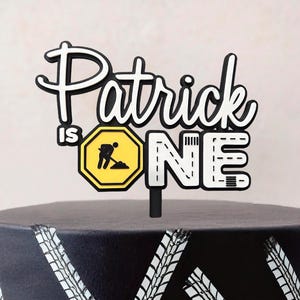 Construction 1st Birthday Cake Topper • Custom Name Cake Topper • Black Yellow Boy Birthday Decor • Bulldozer Digger Party Topper