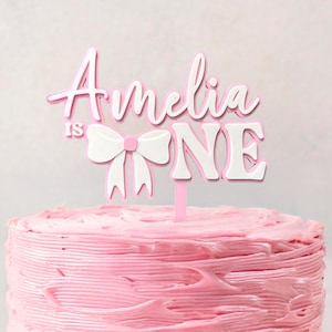 Pink Bow 1st Birthday Cake Topper • Custom Baby Girl Birthday Decor • Personalised Girl Name Topper • Pretty Bow Cake Decoration
