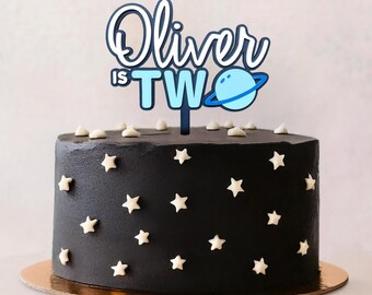 Space 2nd Birthday Cake Topper for Boy • Custom Name Planet Topper • Two the Moon Outer Space Party Decor