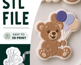 Teddy Bear Balloons Cookie Stamp & Cutter STL File • 3D Print • Beary 1st Birthday Embosser