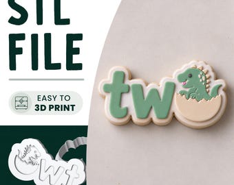 Dinosaur Two Cookie Stamp & Cutter STL File • 3D Print • 2nd Birthday Embosser
