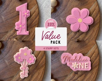 Custom Daisy 1st Birthday Cookie Cutter & Stamp VALUE PACK | Personalised Floral Cookie Stamp | Daisy 1st Birthday Party Cookies | Set of 4