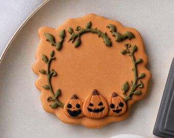 Cortador de galletas con forma de calabaza de Halloween y sello para fondant • Sello de relieve de Halloween • Fiesta espeluznante