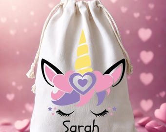 Valentine's Day Custom Drawstring Gift Bag | Add Your Name | Little Girl and Boy Gift Bag | Pink and Purple Bag for Valentines Day