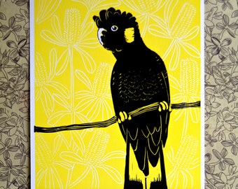 Tasmanian Yellow-Tailed Black Cockatoo Blank Greeting Card Featuring an Original Hand-Coloured Lino Print