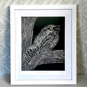 Tawny Frogmouth Linocut Print: Original Australian Bird Art