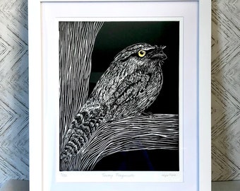 Tawny Frogmouth Linocut Print: Original Australian Bird Art